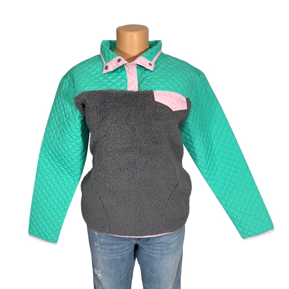 Cabana by‎ Crown & Ivy Womens Quilted Sherpa Pullover Jade Grey Pink Small NWT